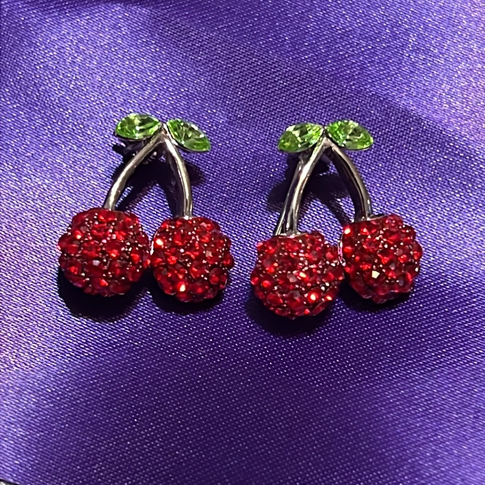Two NOS Vintage Fashion Accessory Red Rhinestones Cherry Fruit Metal Brooch Pin
